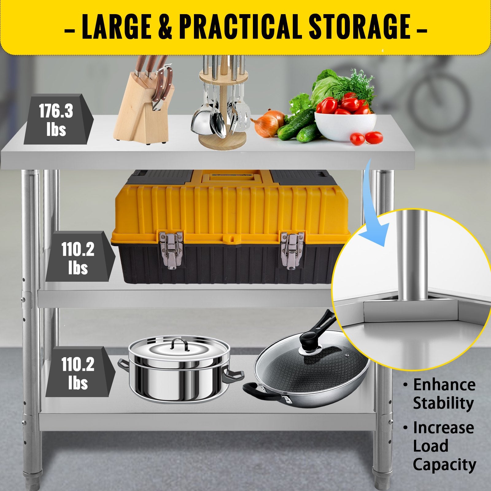 Stainless Steel Prep Table, 1520x450x855 mm Commercial Stainless Steel Table, 2 Adjustable Undershelf BBQ V952-BXGSCDJ6014INTM79V0