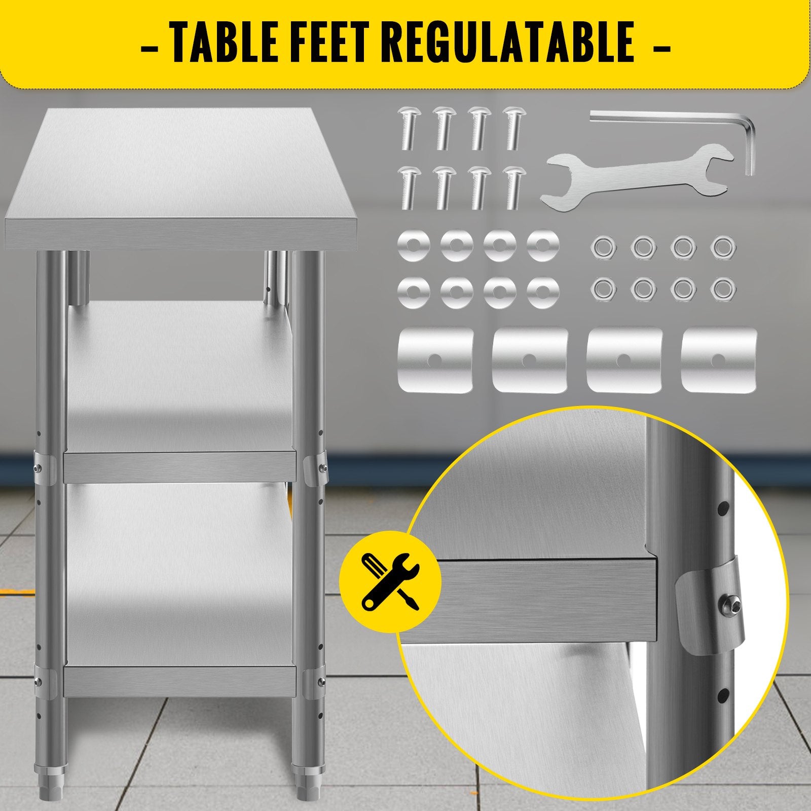 Stainless Steel Prep Table, 1520x450x855 mm Commercial Stainless Steel Table, 2 Adjustable Undershelf BBQ V952-BXGSCDJ6014INTM79V0