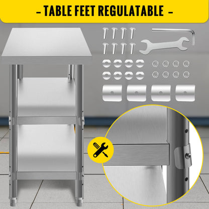 Stainless Steel Prep Table, 1520x450x855 mm Commercial Stainless Steel Table, 2 Adjustable Undershelf BBQ V952-BXGSCDJ6014INTM79V0