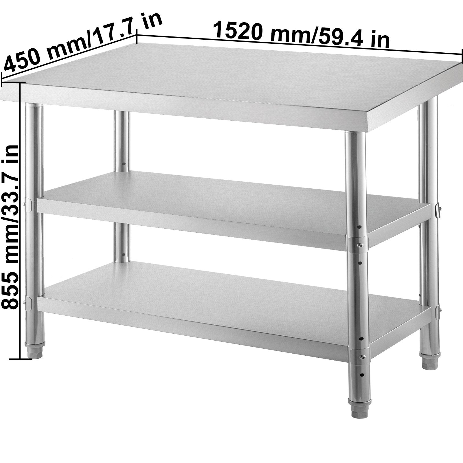 Stainless Steel Prep Table, 1520x450x855 mm Commercial Stainless Steel Table, 2 Adjustable Undershelf BBQ V952-BXGSCDJ6014INTM79V0