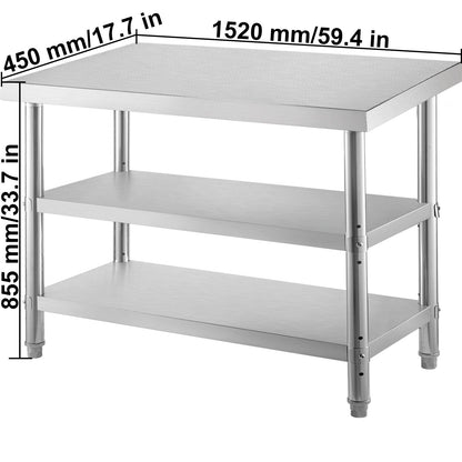 Stainless Steel Prep Table, 1520x450x855 mm Commercial Stainless Steel Table, 2 Adjustable Undershelf BBQ V952-BXGSCDJ6014INTM79V0