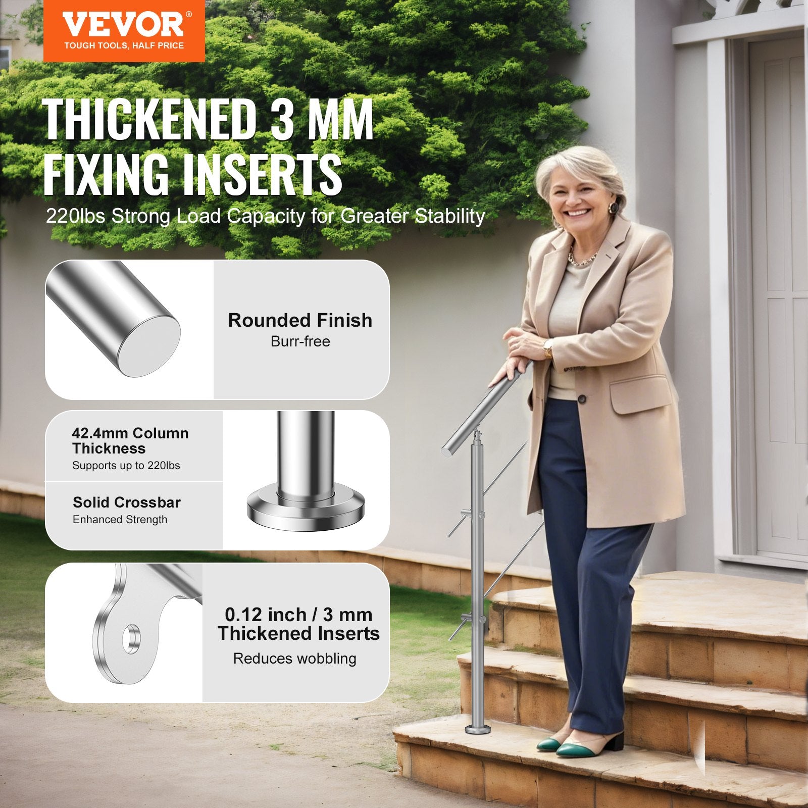 39.4in Handrails for Outdoor Steps 2 Crossbars Staircase for Porch Deck V952-BXGSLZFS100CZ97QUV0