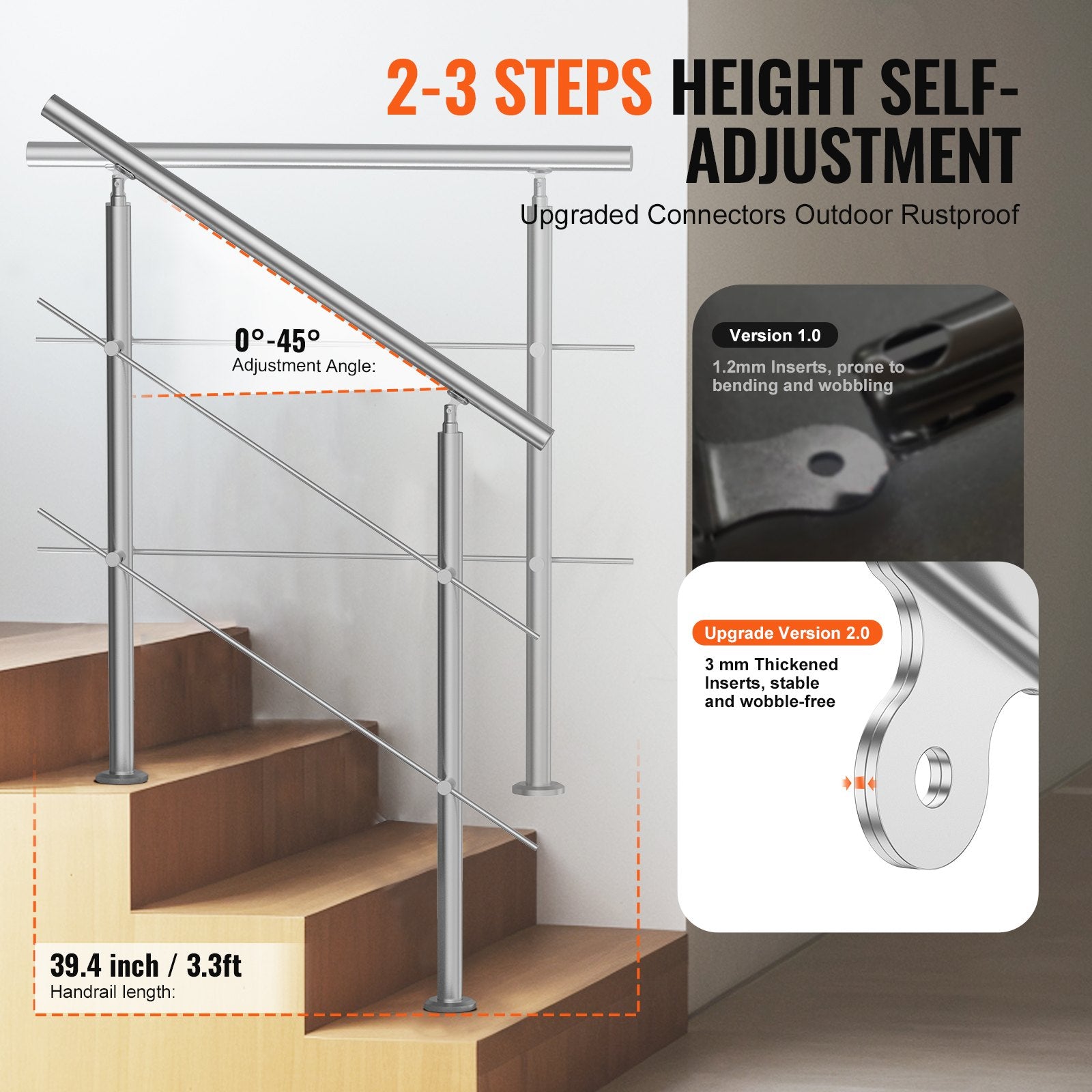 39.4in Handrails for Outdoor Steps 2 Crossbars Staircase for Porch Deck V952-BXGSLZFS100CZ97QUV0