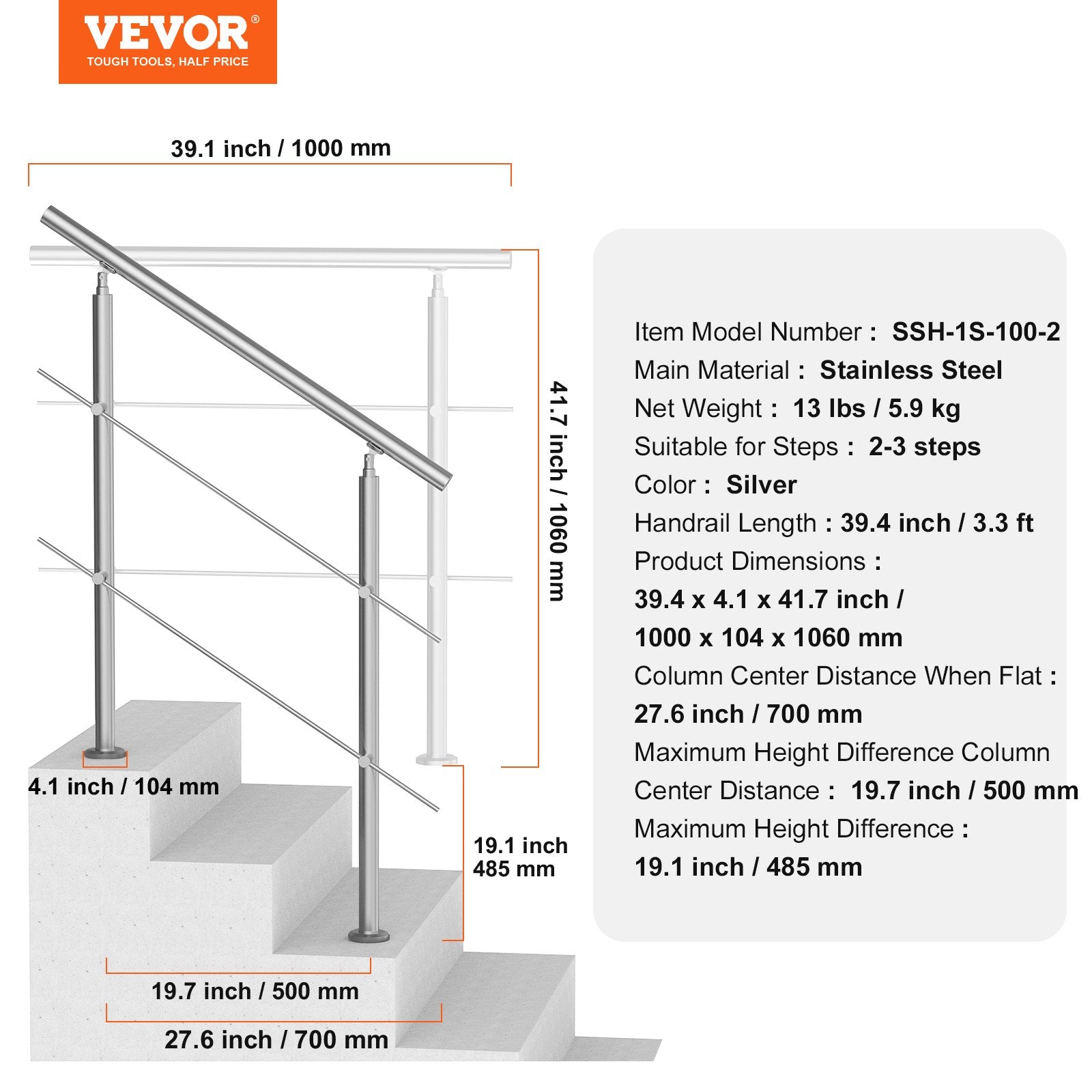 39.4in Handrails for Outdoor Steps 2 Crossbars Staircase for Porch Deck V952-BXGSLZFS100CZ97QUV0