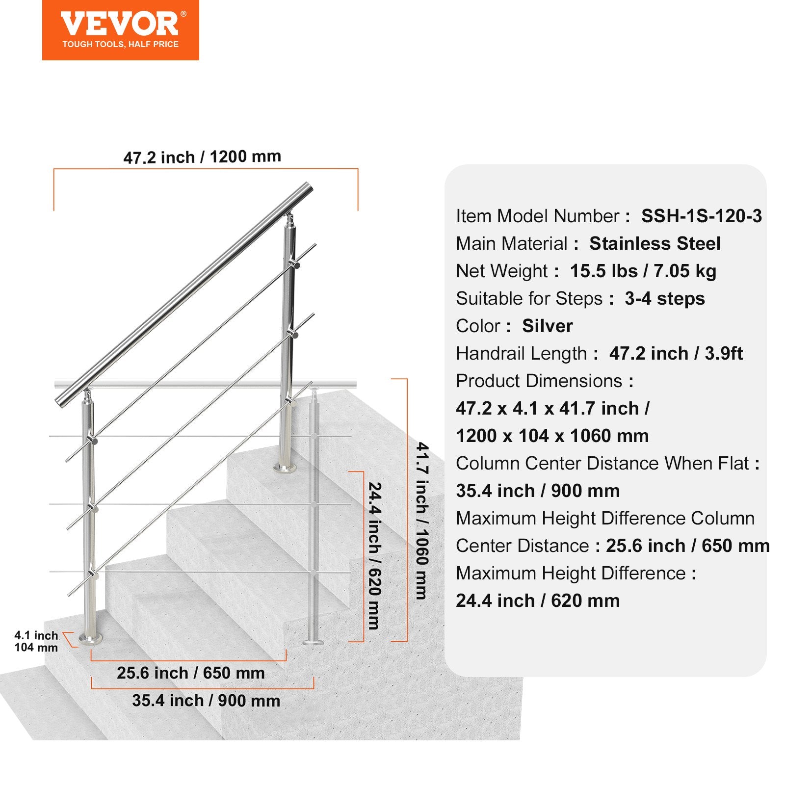 47.2in Handrails for Outdoor Steps 3 Crossbars Staircase for Porch Deck V952-BXGSLZFS120CCRS3EV0