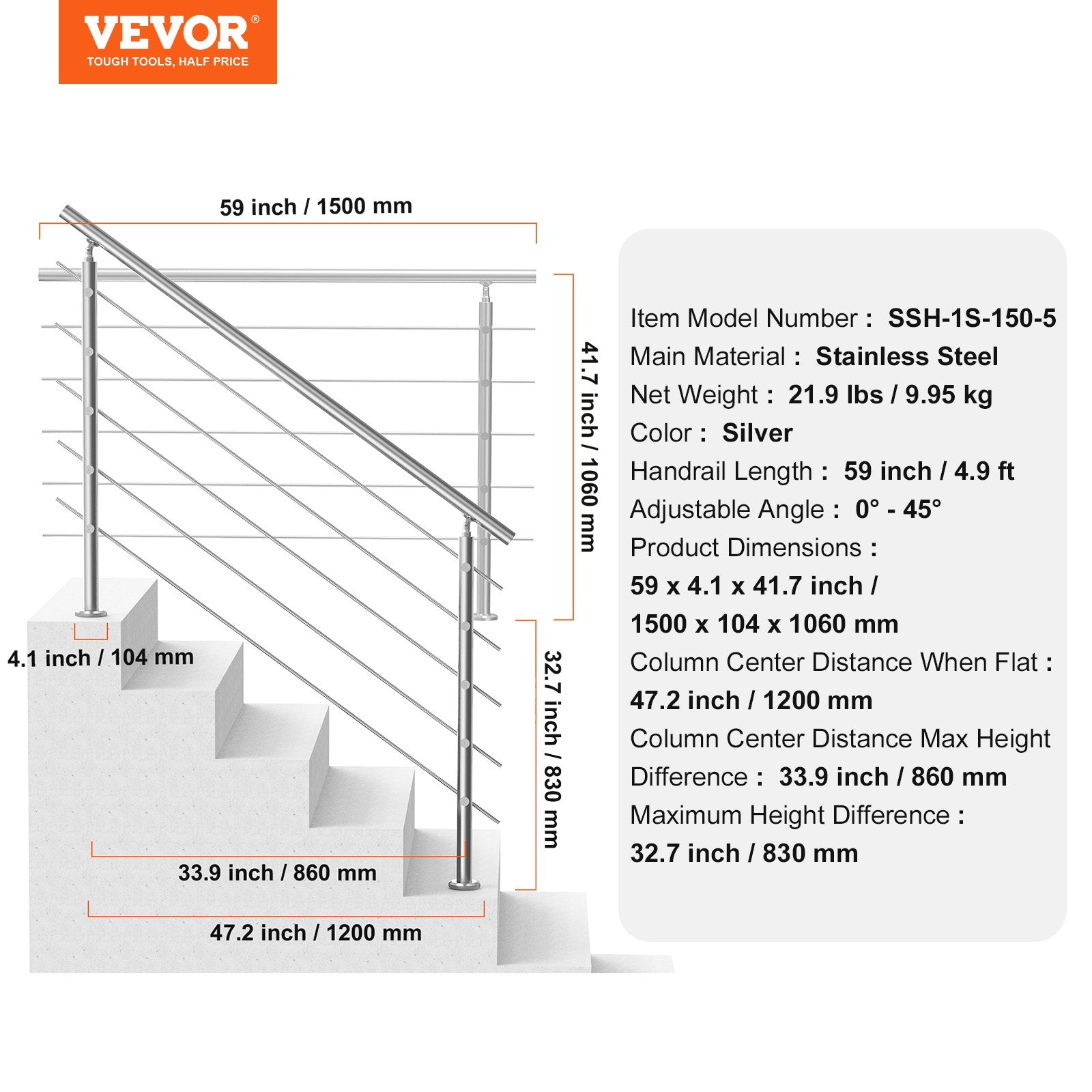 59in Handrails for Outdoor Steps 5 Crossbars Staircase for Porch Deck V952-BXGSLZFS150C5SAPEV0