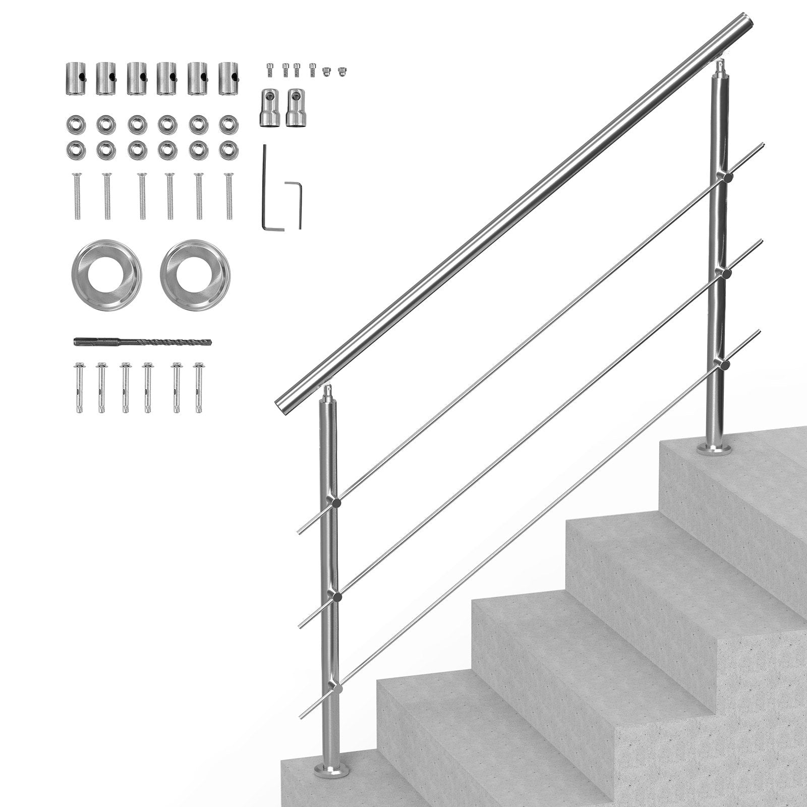 Handrails for Outdoor Steps, 59 in Length 3 Crossbars Stair Hand Rail Kit, Transitional Stainless Steel V952-BXGSLZFS150CBU3NGV0