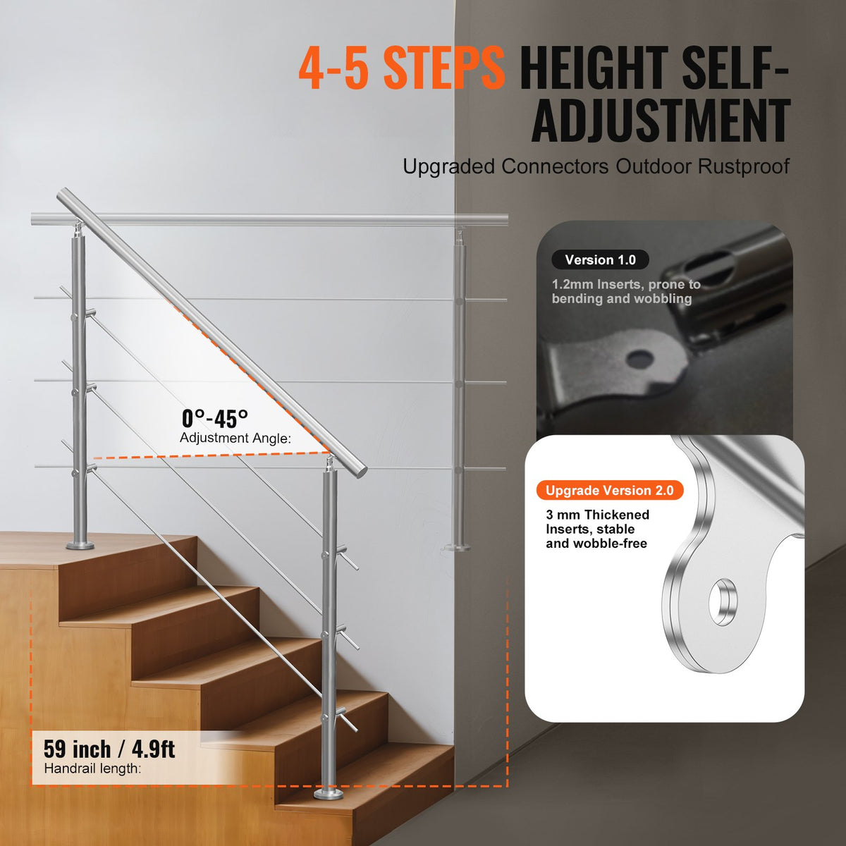 Handrails for Outdoor Steps, 59 in Length 3 Crossbars Stair Hand Rail Kit, Transitional Stainless Steel V952-BXGSLZFS150CBU3NGV0