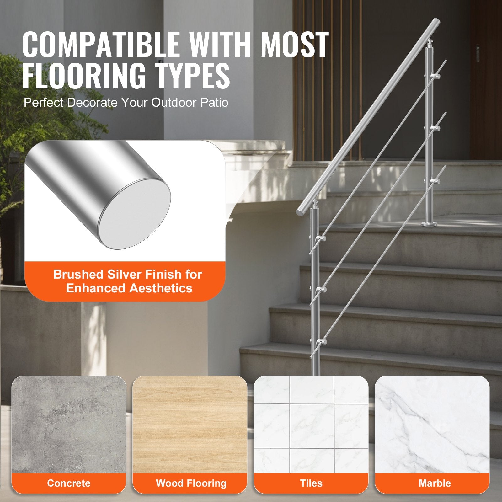 Handrails for Outdoor Steps, 59 in Length 3 Crossbars Stair Hand Rail Kit, Transitional Stainless Steel V952-BXGSLZFS150CBU3NGV0