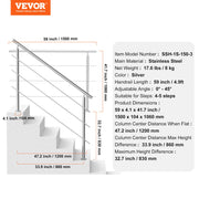Handrails for Outdoor Steps, 59 in Length 3 Crossbars Stair Hand Rail Kit, Transitional Stainless Steel V952-BXGSLZFS150CBU3NGV0