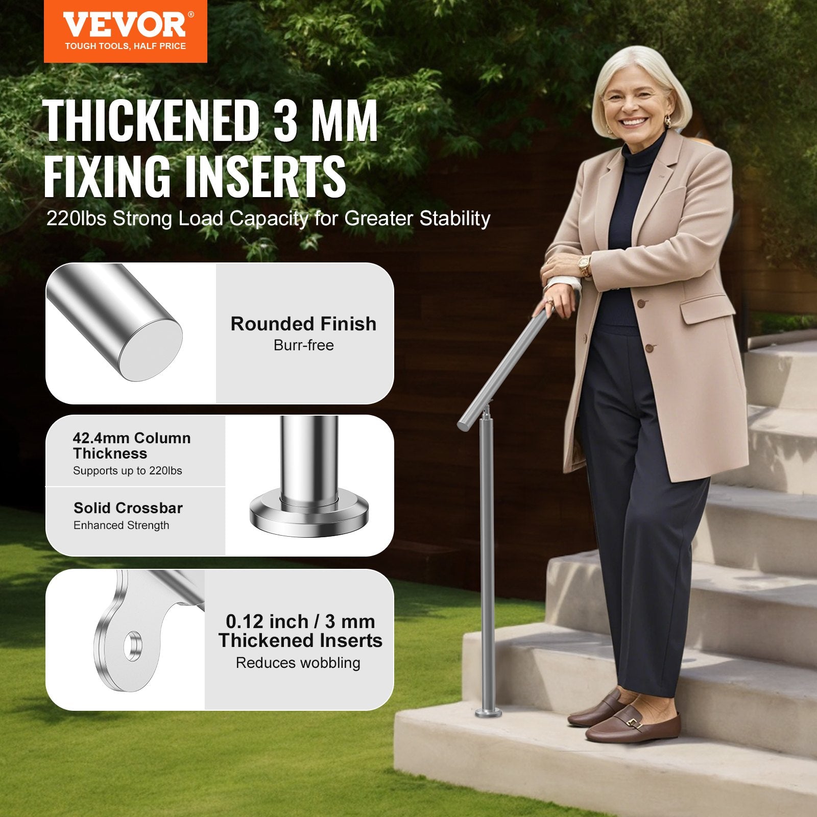 Handrails for Outdoor Steps, 59 in/ 150cm Length Stair Hand Rail Kit, Transitional Stainless Steel Railings V952-BXGSLZFS150CEE3Y3V0