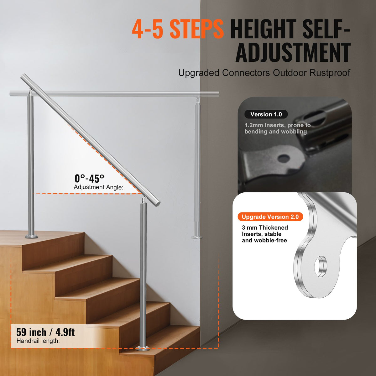 Handrails for Outdoor Steps, 59 in/ 150cm Length Stair Hand Rail Kit, Transitional Stainless Steel Railings V952-BXGSLZFS150CEE3Y3V0