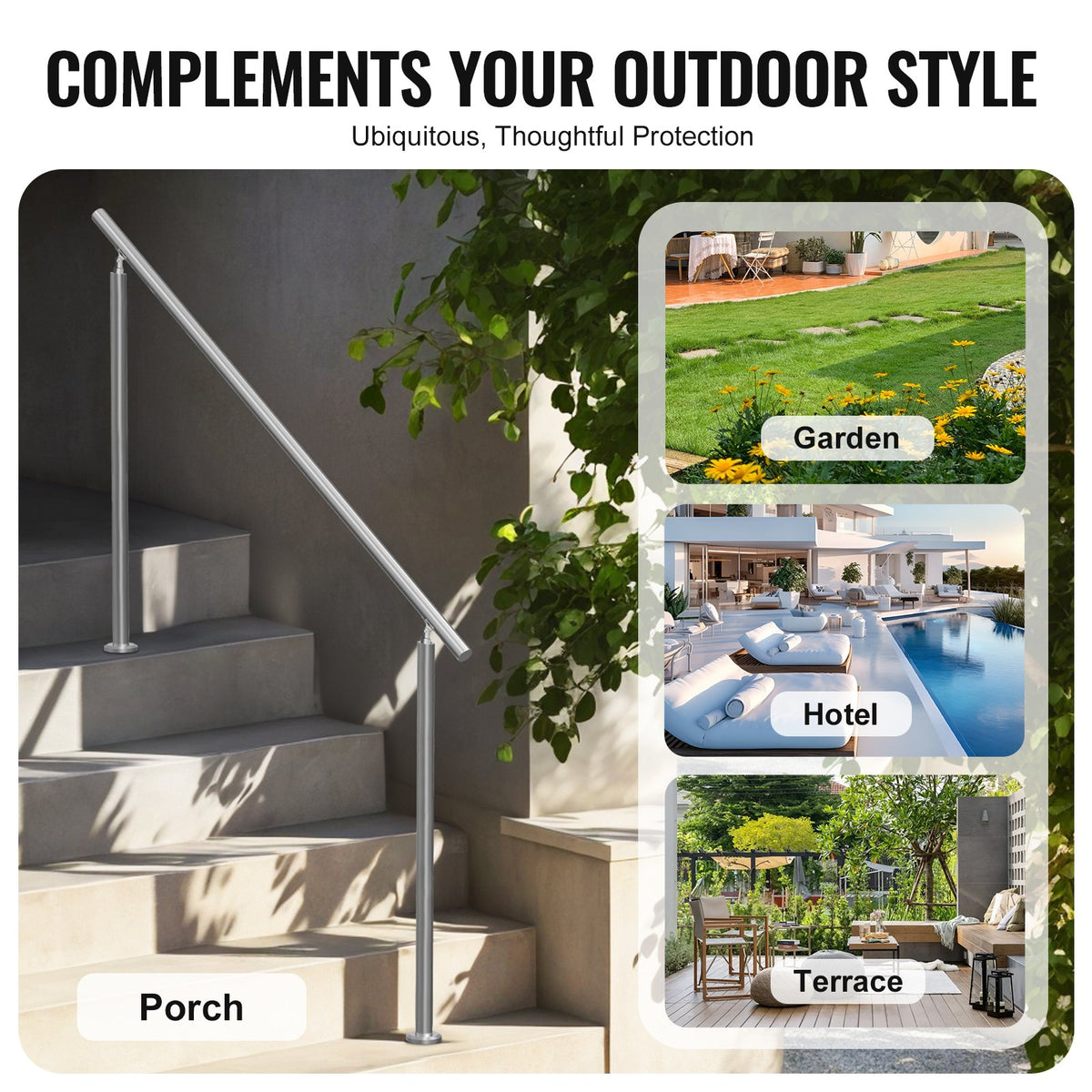 Handrails for Outdoor Steps, 59 in/ 150cm Length Stair Hand Rail Kit, Transitional Stainless Steel Railings V952-BXGSLZFS150CEE3Y3V0