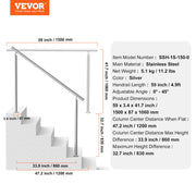 Handrails for Outdoor Steps, 59 in/ 150cm Length Stair Hand Rail Kit, Transitional Stainless Steel Railings V952-BXGSLZFS150CEE3Y3V0