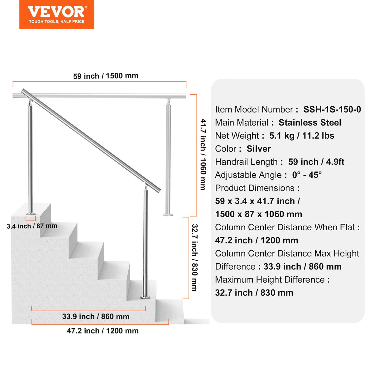 Handrails for Outdoor Steps, 59 in/ 150cm Length Stair Hand Rail Kit, Transitional Stainless Steel Railings V952-BXGSLZFS150CEE3Y3V0