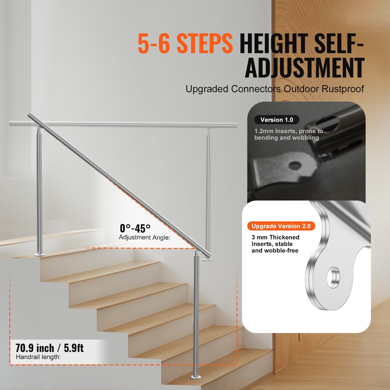 Handrails for Outdoor Steps, 70.9 in/ 180cm Length Stair Hand Rail Kit, Transitional Stainless Steel Railings V952-BXGSLZFS180C0LCPKV0