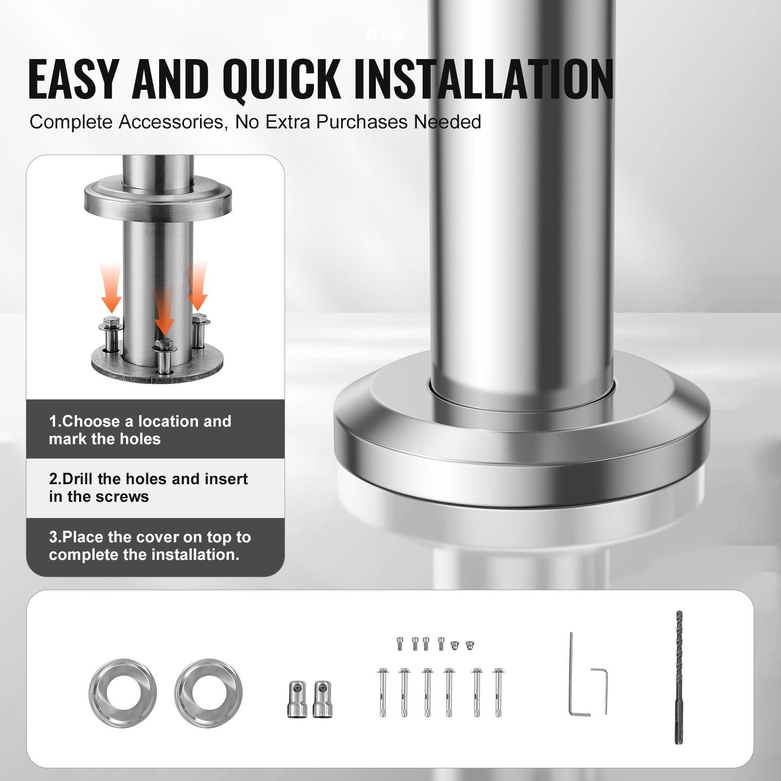 Handrails for Outdoor Steps, 70.9 in/ 180cm Length Stair Hand Rail Kit, Transitional Stainless Steel Railings V952-BXGSLZFS180C0LCPKV0