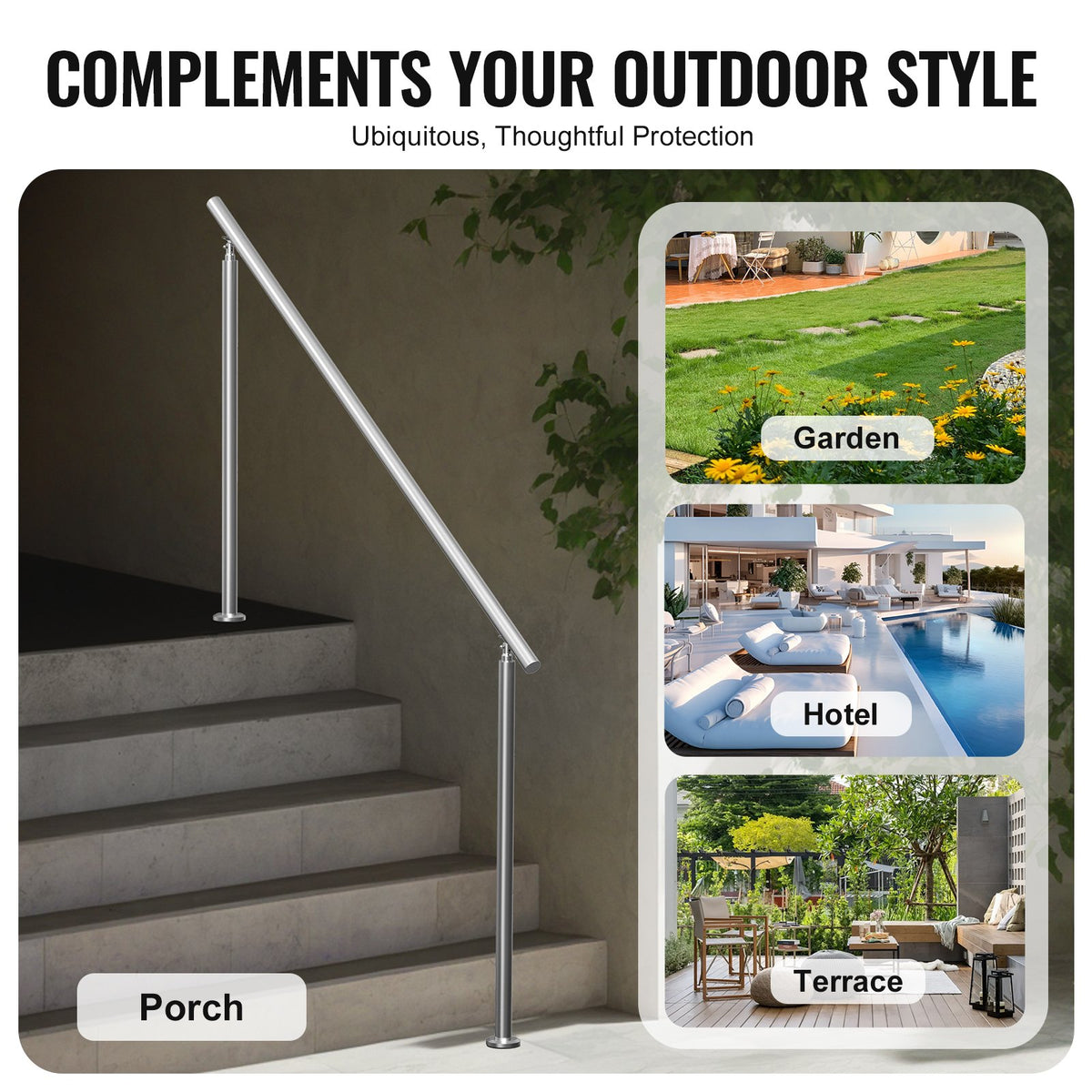 Handrails for Outdoor Steps, 70.9 in/ 180cm Length Stair Hand Rail Kit, Transitional Stainless Steel Railings V952-BXGSLZFS180C0LCPKV0