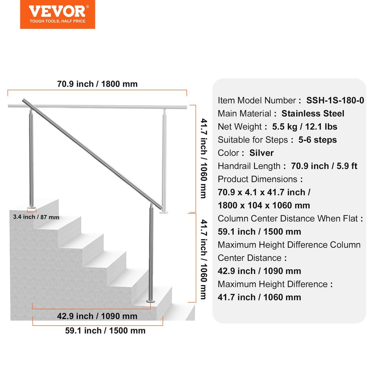 Handrails for Outdoor Steps, 70.9 in/ 180cm Length Stair Hand Rail Kit, Transitional Stainless Steel Railings V952-BXGSLZFS180C0LCPKV0
