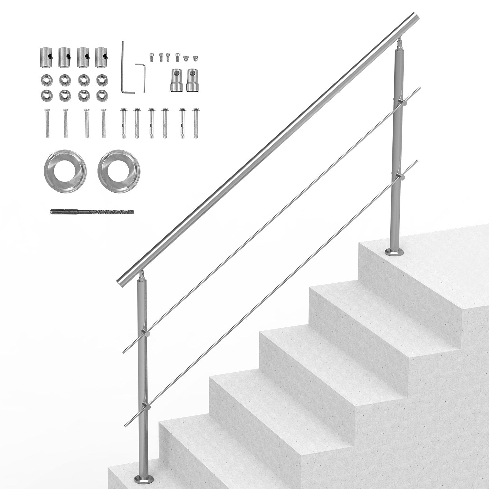 Handrails for Outdoor Steps, 70.9in Length 2 Crossbars Stair Hand Rail Kit, Transitional Stainless Steel V952-BXGSLZFS180CXMYZKV0