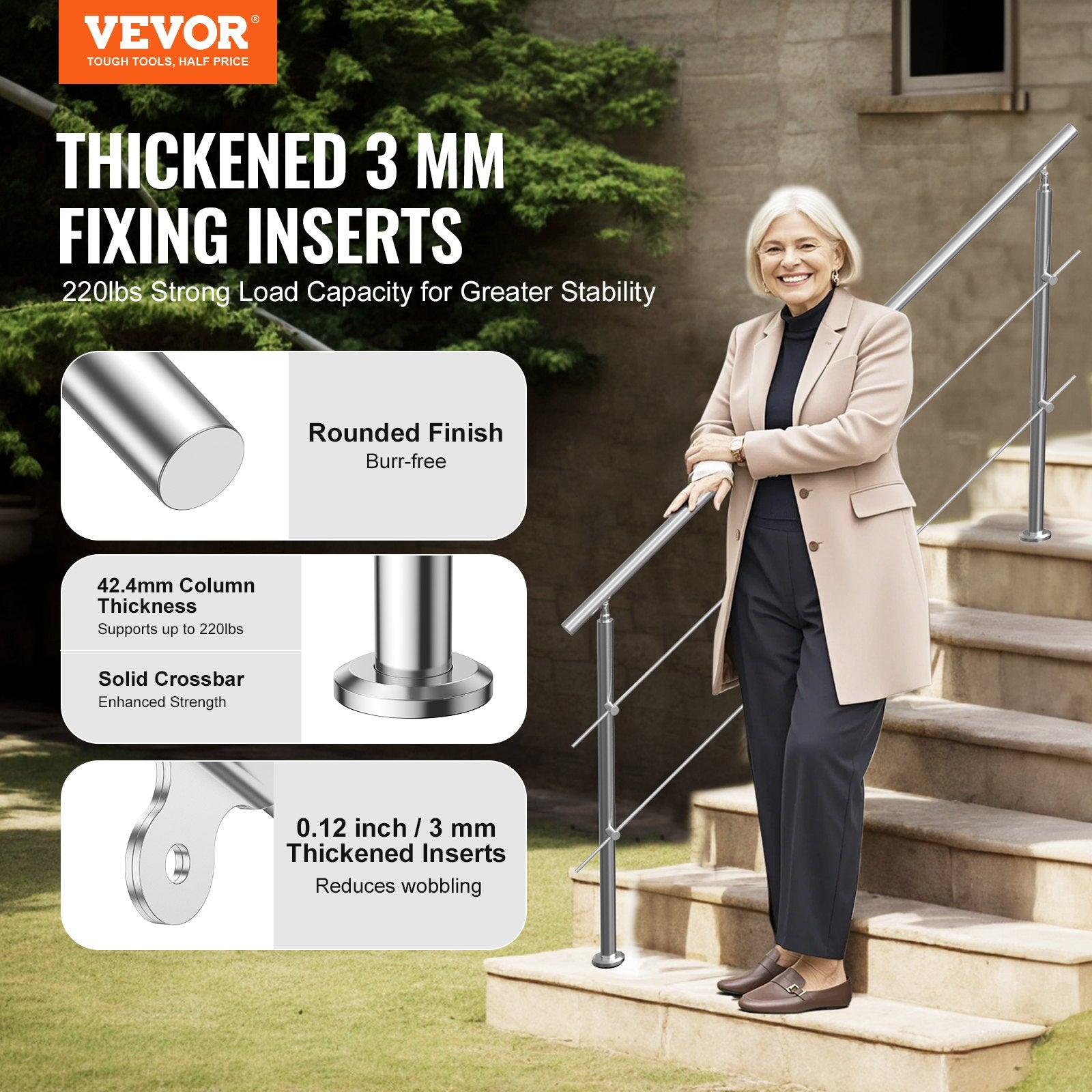 Handrails for Outdoor Steps, 70.9in Length 2 Crossbars Stair Hand Rail Kit, Transitional Stainless Steel V952-BXGSLZFS180CXMYZKV0