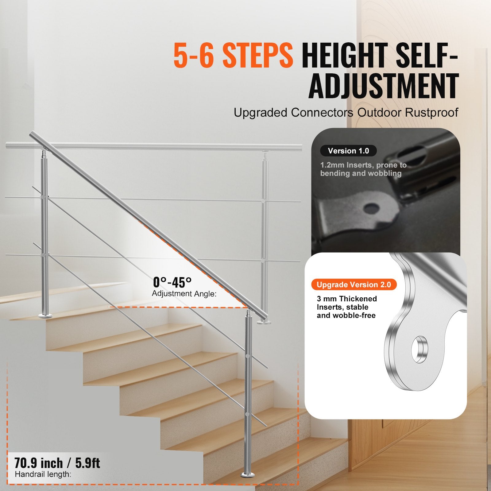 Handrails for Outdoor Steps, 70.9in Length 2 Crossbars Stair Hand Rail Kit, Transitional Stainless Steel V952-BXGSLZFS180CXMYZKV0