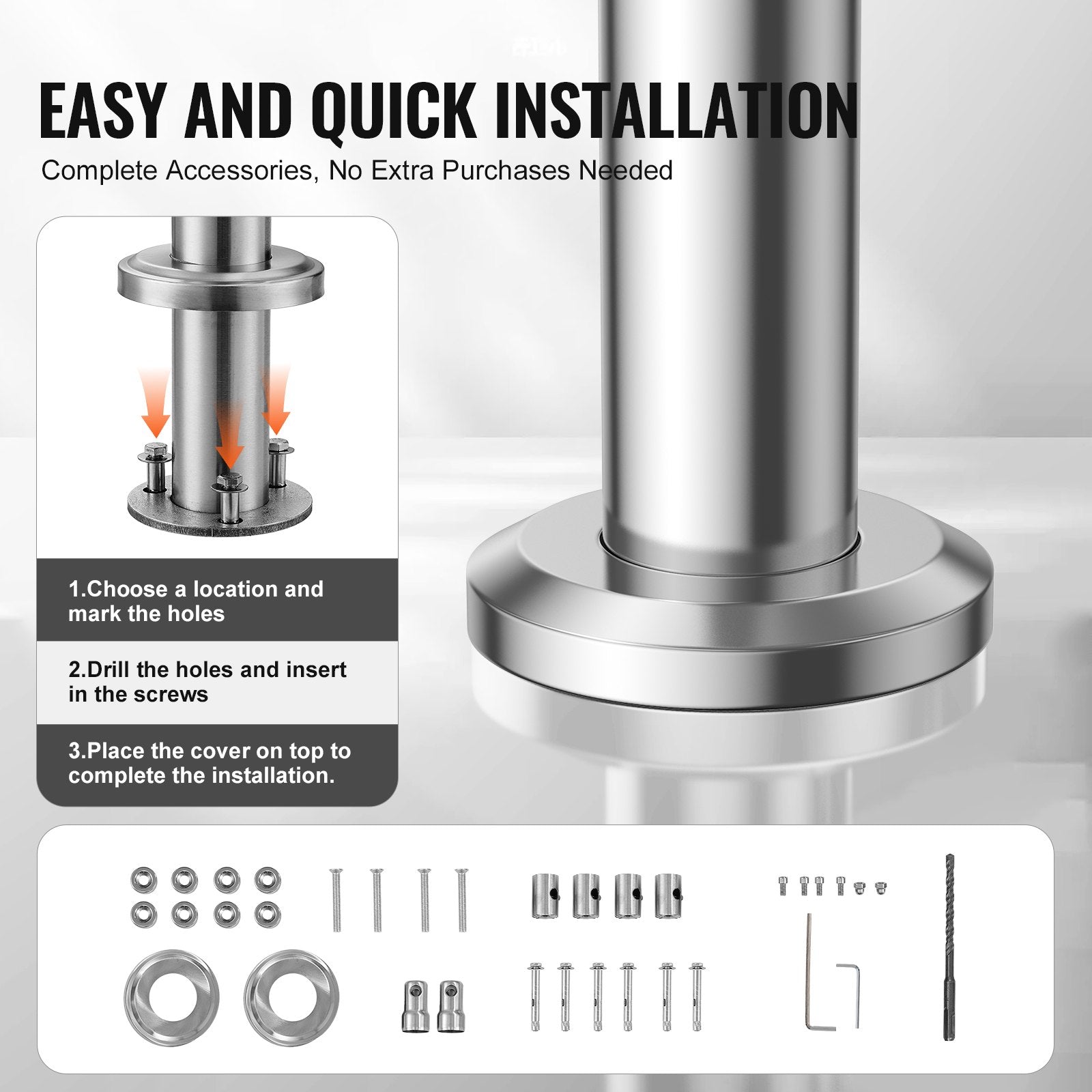 Handrails for Outdoor Steps, 70.9in Length 2 Crossbars Stair Hand Rail Kit, Transitional Stainless Steel V952-BXGSLZFS180CXMYZKV0