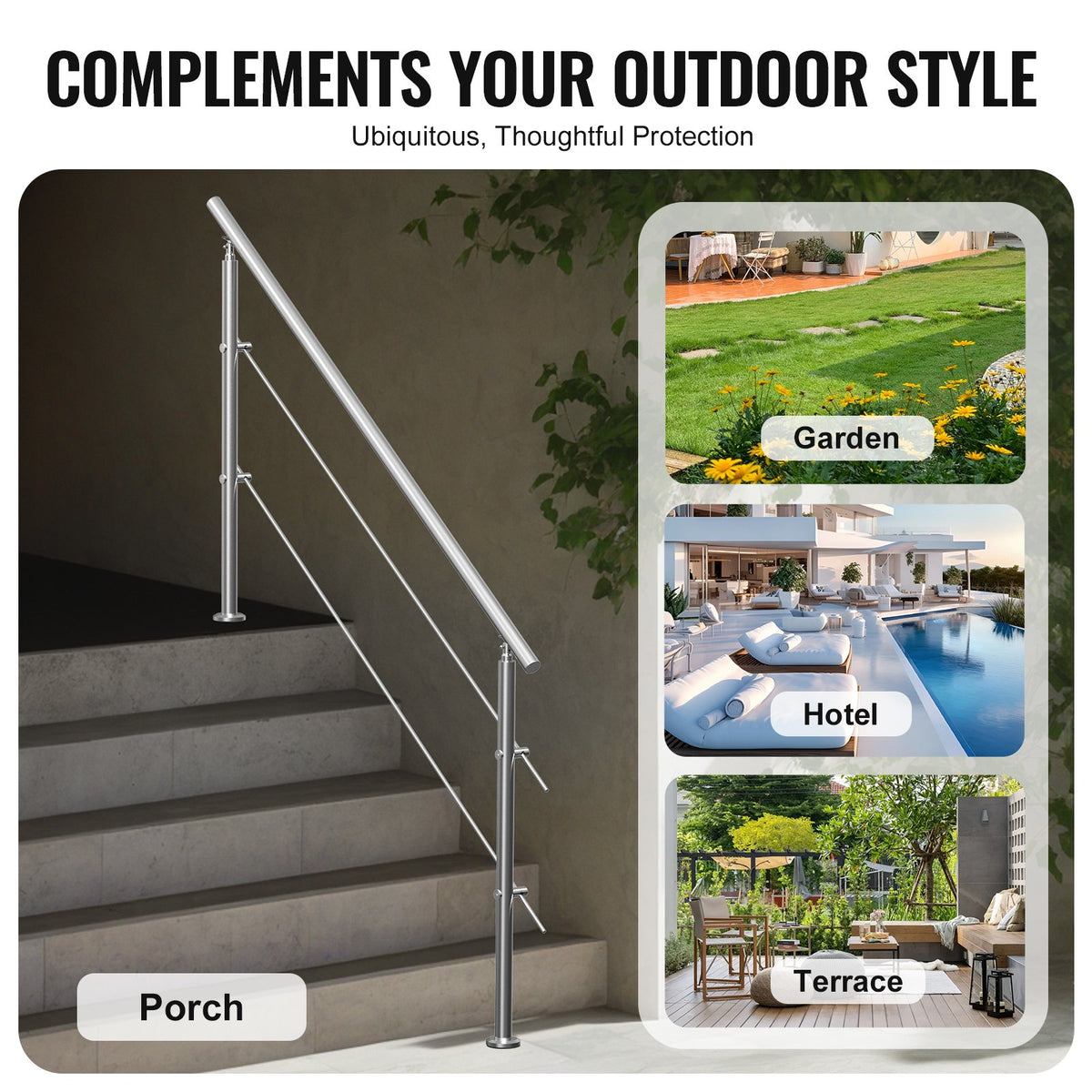 Handrails for Outdoor Steps, 70.9in Length 2 Crossbars Stair Hand Rail Kit, Transitional Stainless Steel V952-BXGSLZFS180CXMYZKV0