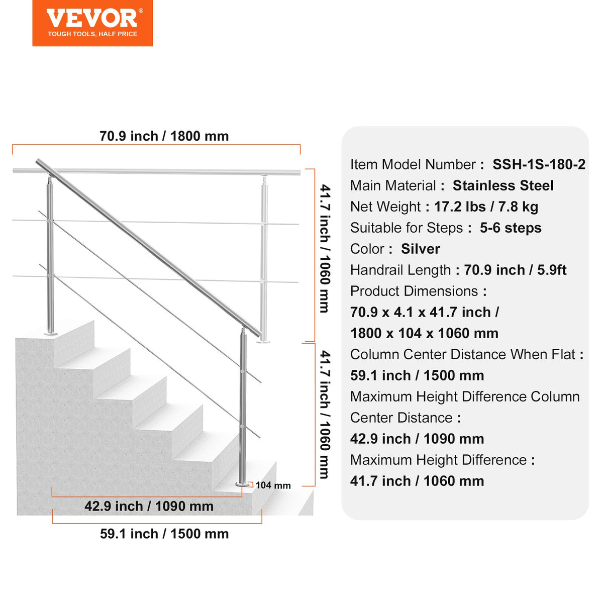 Handrails for Outdoor Steps, 70.9in Length 2 Crossbars Stair Hand Rail Kit, Transitional Stainless Steel V952-BXGSLZFS180CXMYZKV0