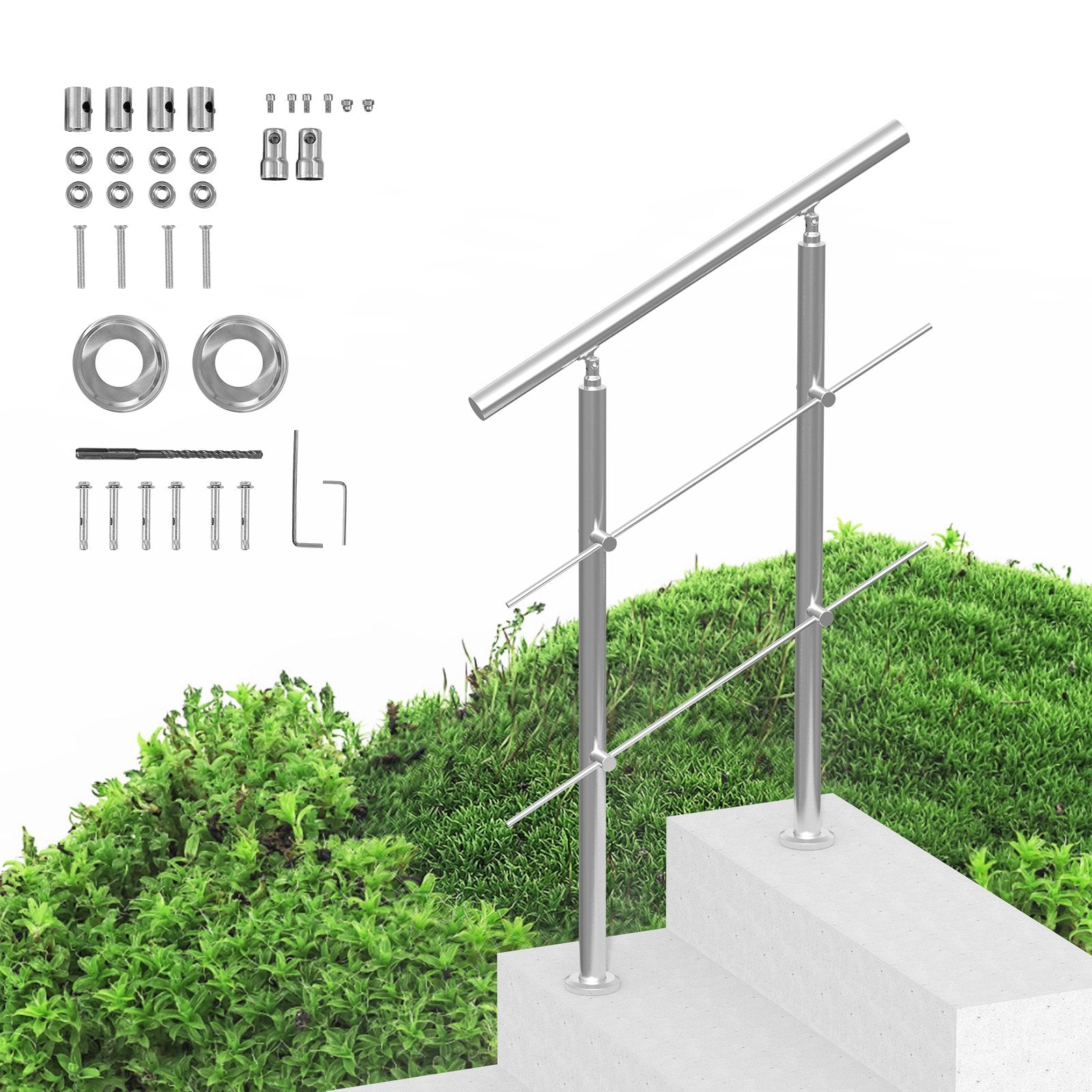 Handrails for Outdoor Steps, 31.5in Length 2 Crossbars Stair Hand Rail Kit, Transitional Stainless Steel V952-BXGSLZFS80CMSOHDTV0