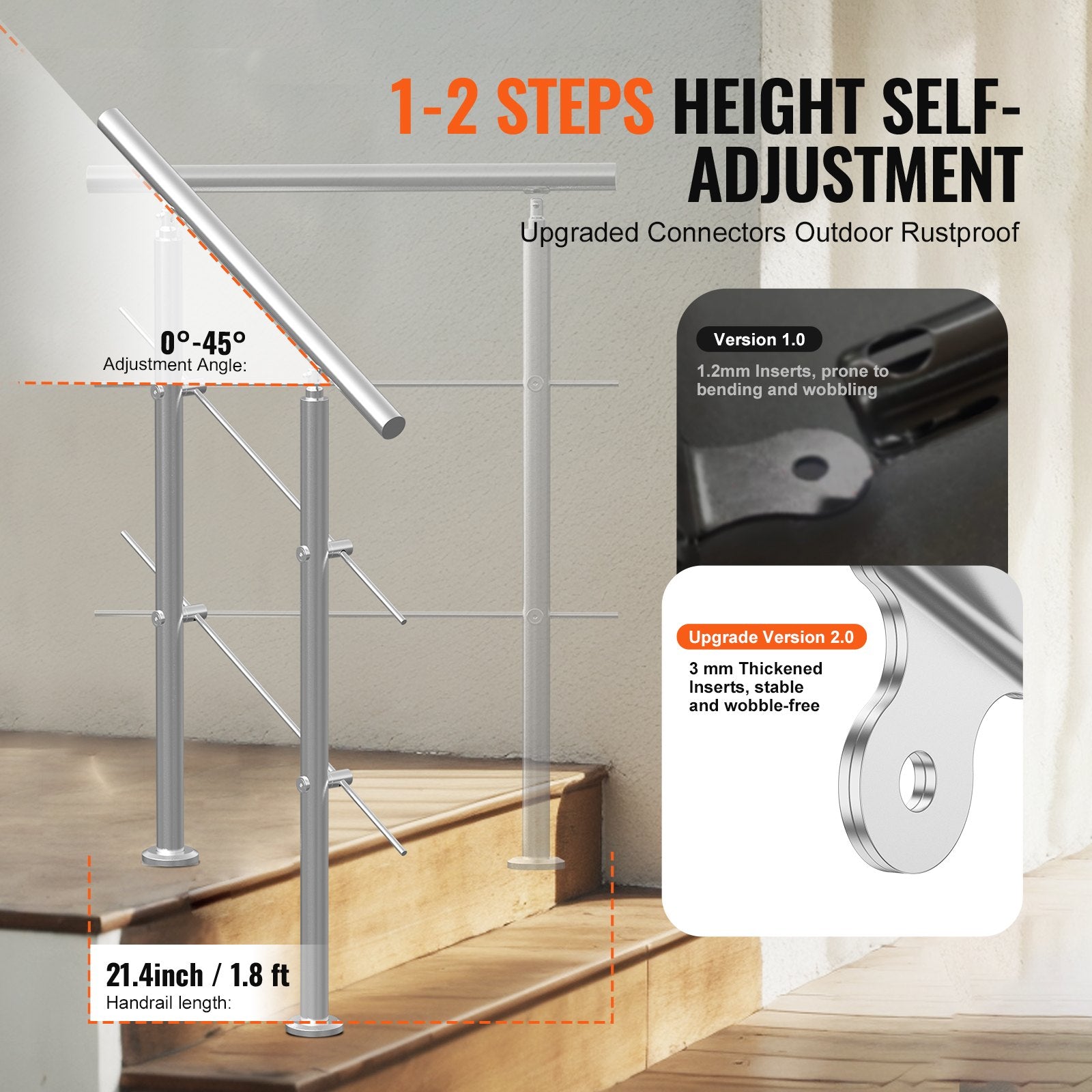 Handrails for Outdoor Steps, 31.5in Length 2 Crossbars Stair Hand Rail Kit, Transitional Stainless Steel V952-BXGSLZFS80CMSOHDTV0