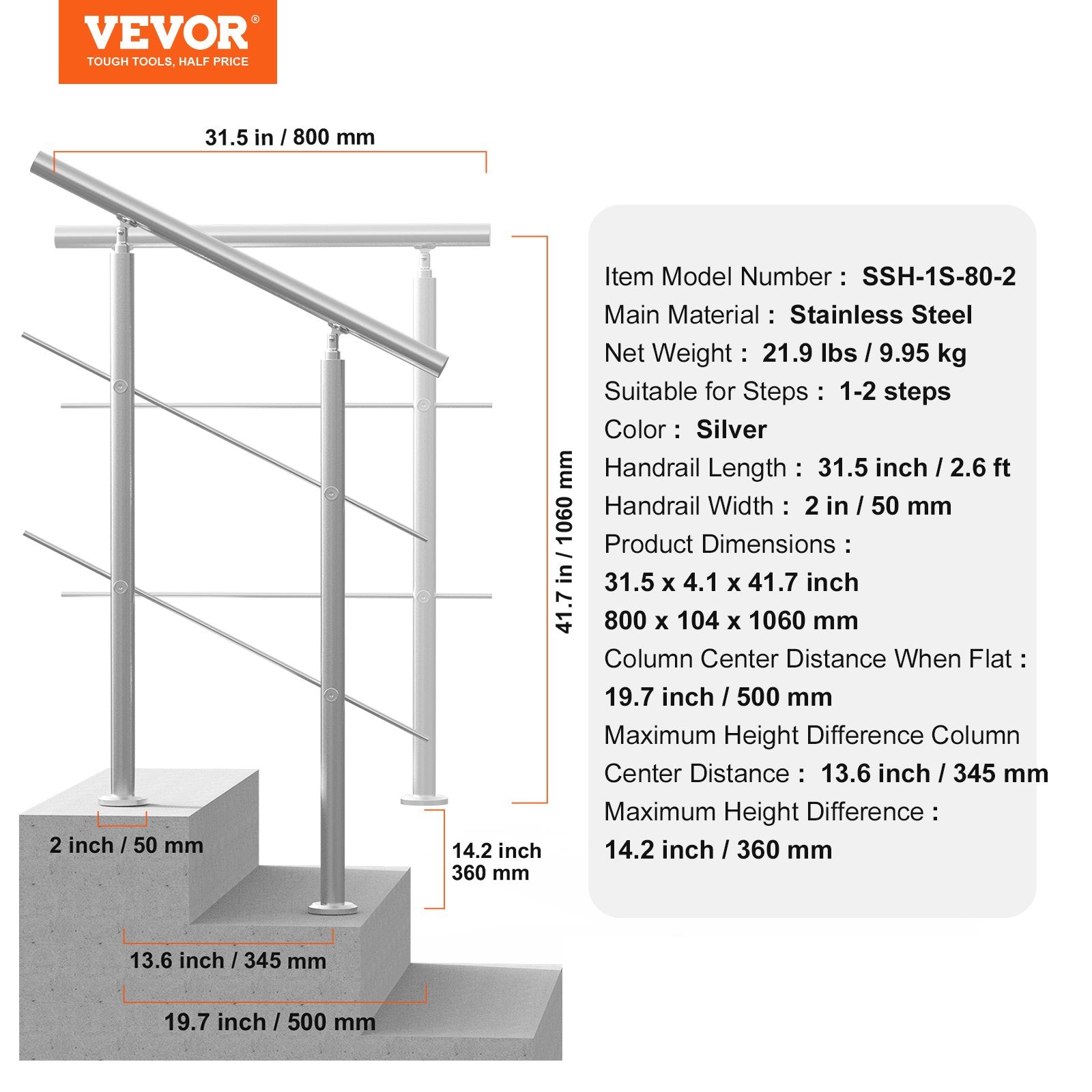 Handrails for Outdoor Steps, 31.5in Length 2 Crossbars Stair Hand Rail Kit, Transitional Stainless Steel V952-BXGSLZFS80CMSOHDTV0