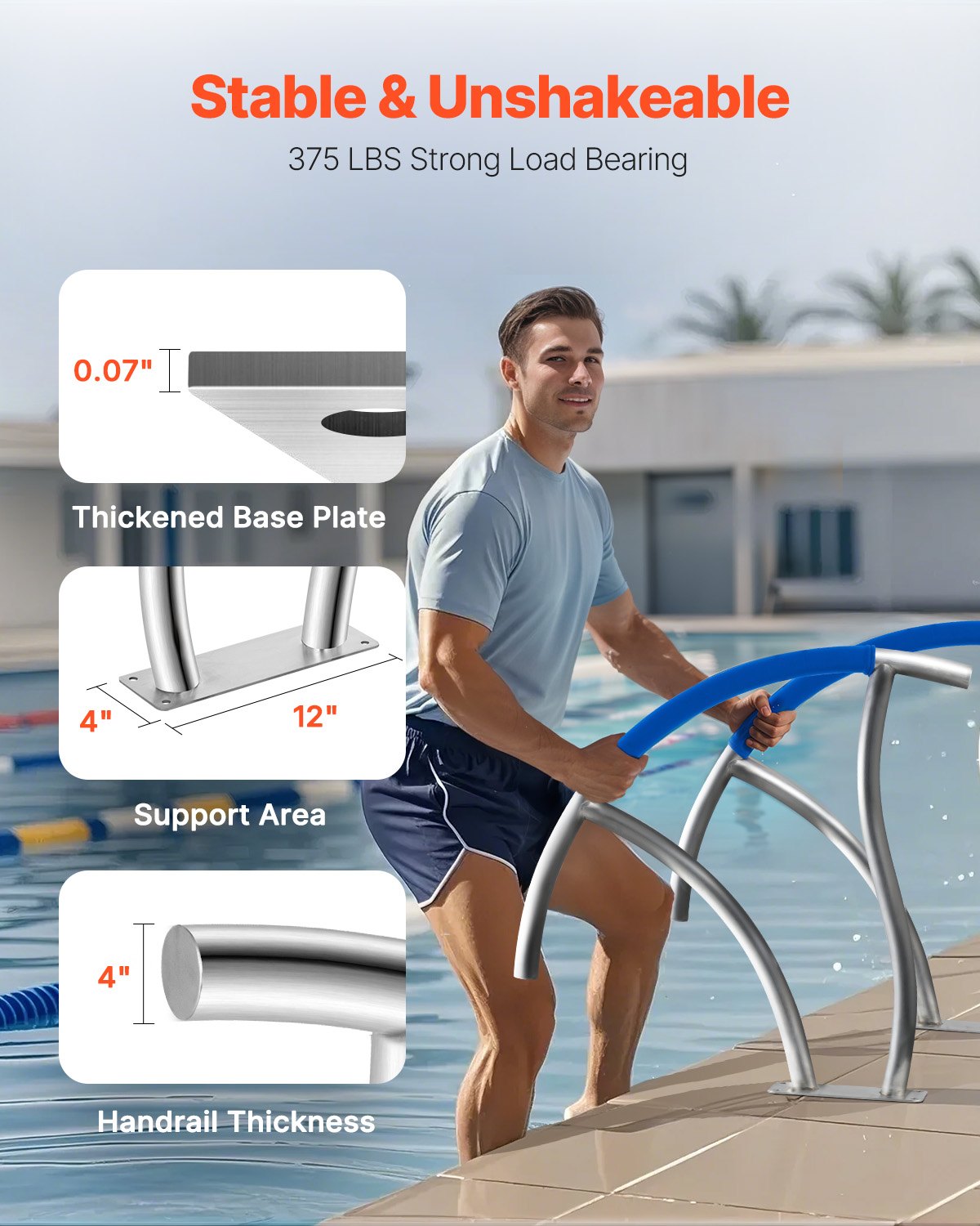 Pool Handrail, 30" x 30" Swimming Pool Stair Rail, 2 PCs Stainless Steel Stair Pool Hand Rail Rated 375lbs V952-BXGY30X302PCSXI6UV0