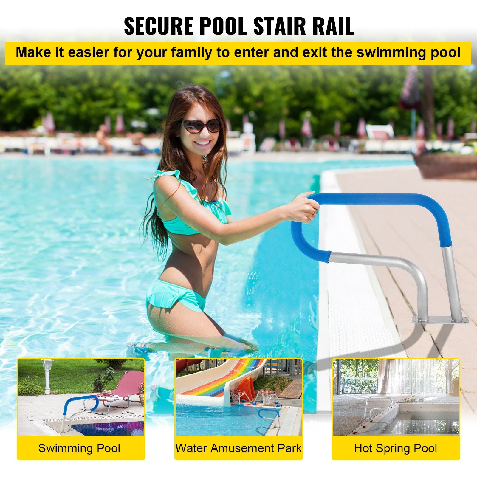Pool Rail 30x22 Pool Railing 304 Stainless Steel 250LBS Load Capacity Silver Rustproof Pool Handrail V952-BXGYCFS3W30X22YC1V0
