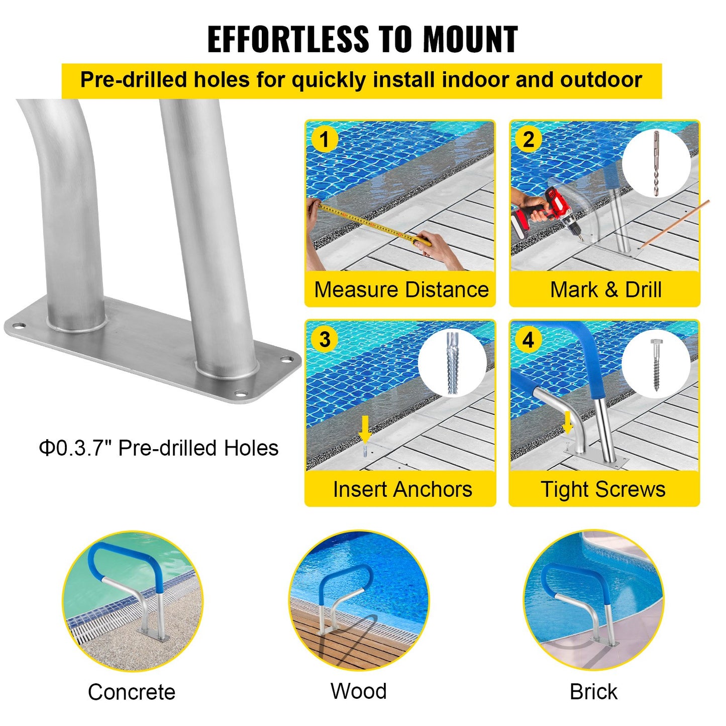 Pool Rail 30x22 Pool Railing 304 Stainless Steel 250LBS Load Capacity Silver Rustproof Pool Handrail V952-BXGYCFS3W30X22YC1V0