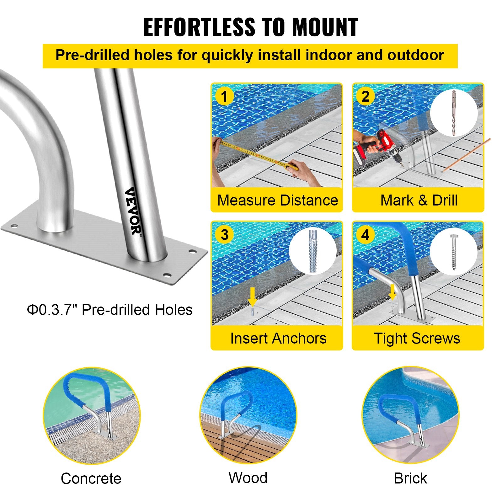 Pool Rail 32x23 Pool Railing 304 Stainless Steel 250LBS Load Capacity Silver Rustproof Pool Handrail V952-BXGYCFS3W32X23YC1V0