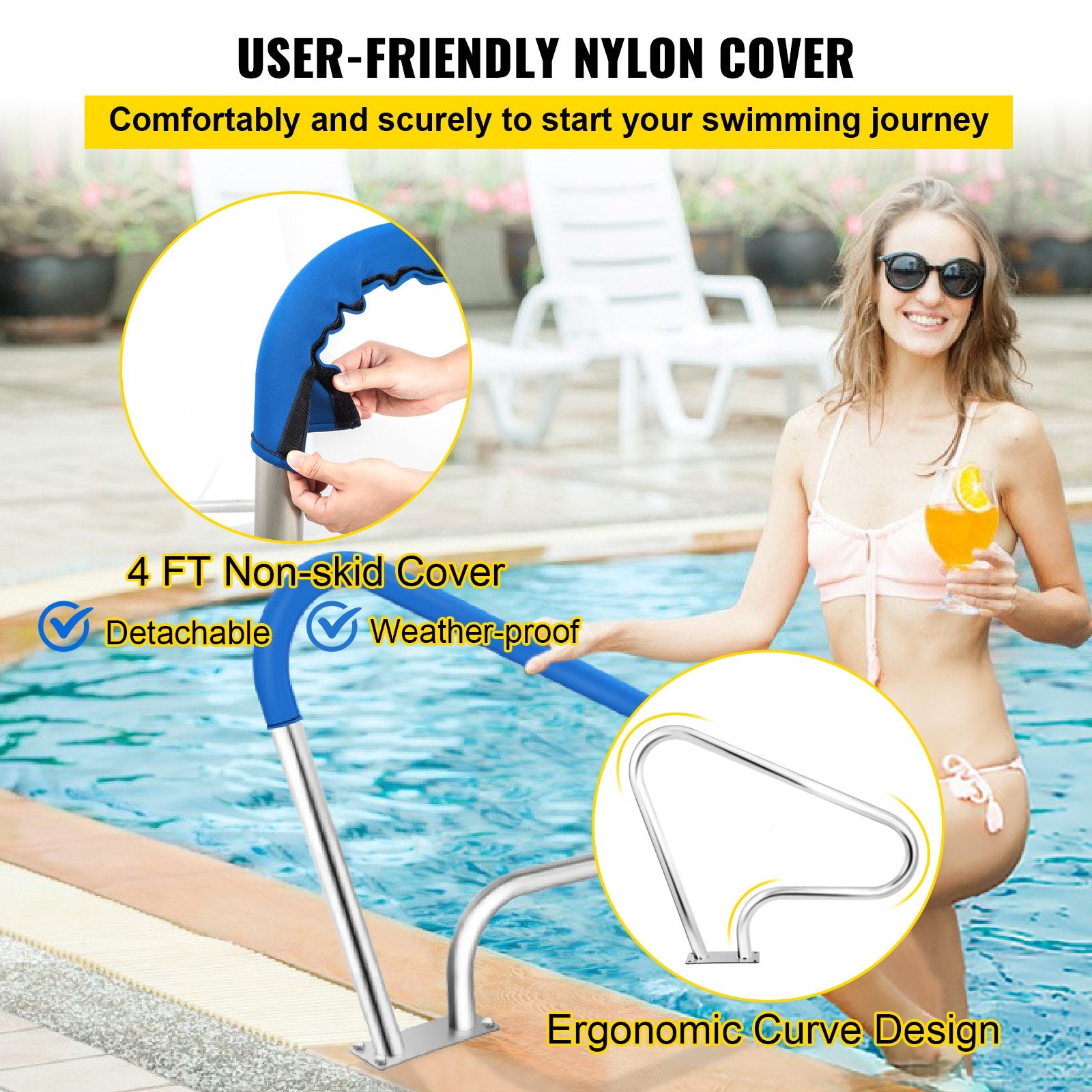 Pool Rail 39x32 Pool Railing 304 Stainless Steel 250LBS Load Capacity Silver Rustproof Pool Handrail V952-BXGYCFS3W39X32YC1V0