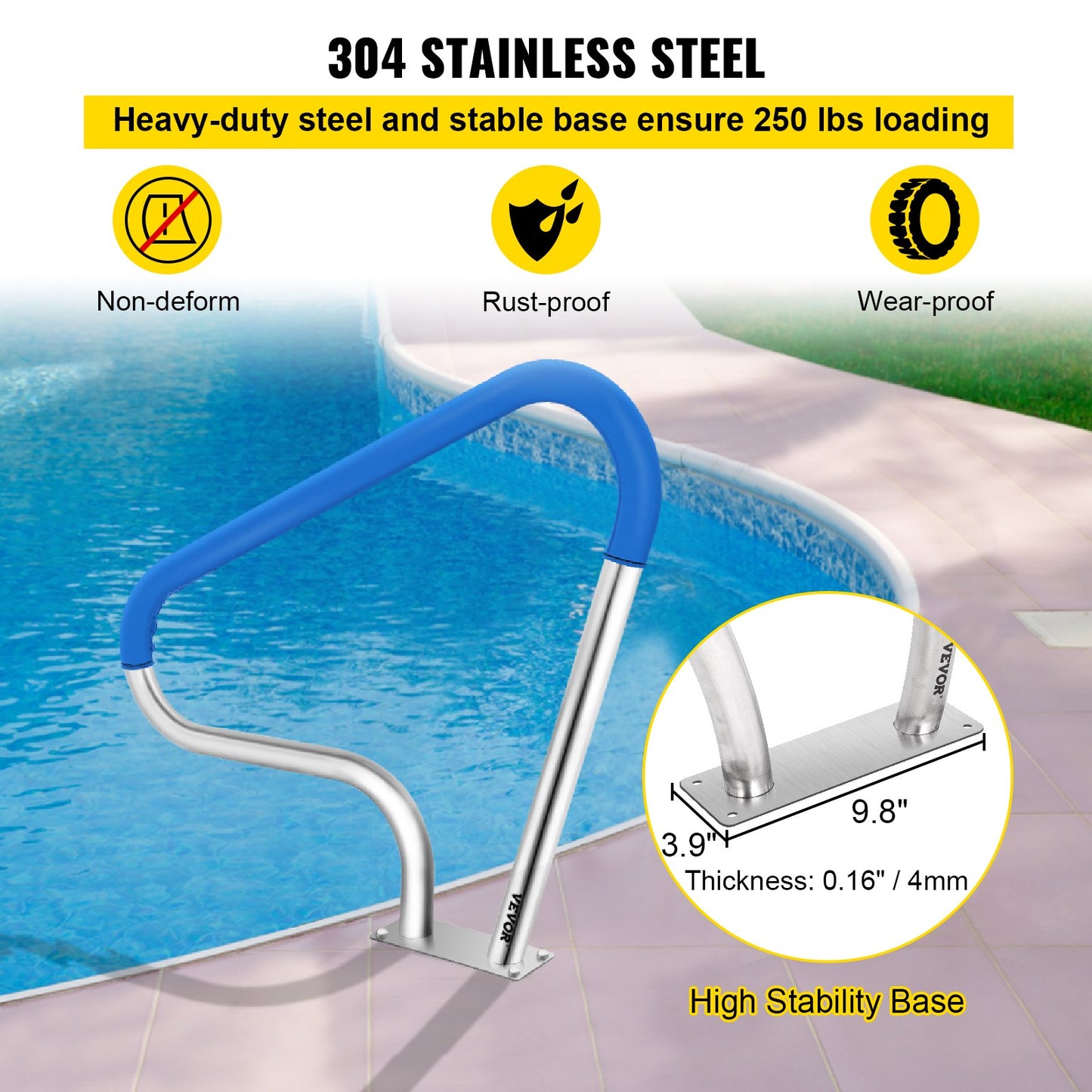Pool Rail 39x32 Pool Railing 304 Stainless Steel 250LBS Load Capacity Silver Rustproof Pool Handrail V952-BXGYCFS3W39X32YC1V0