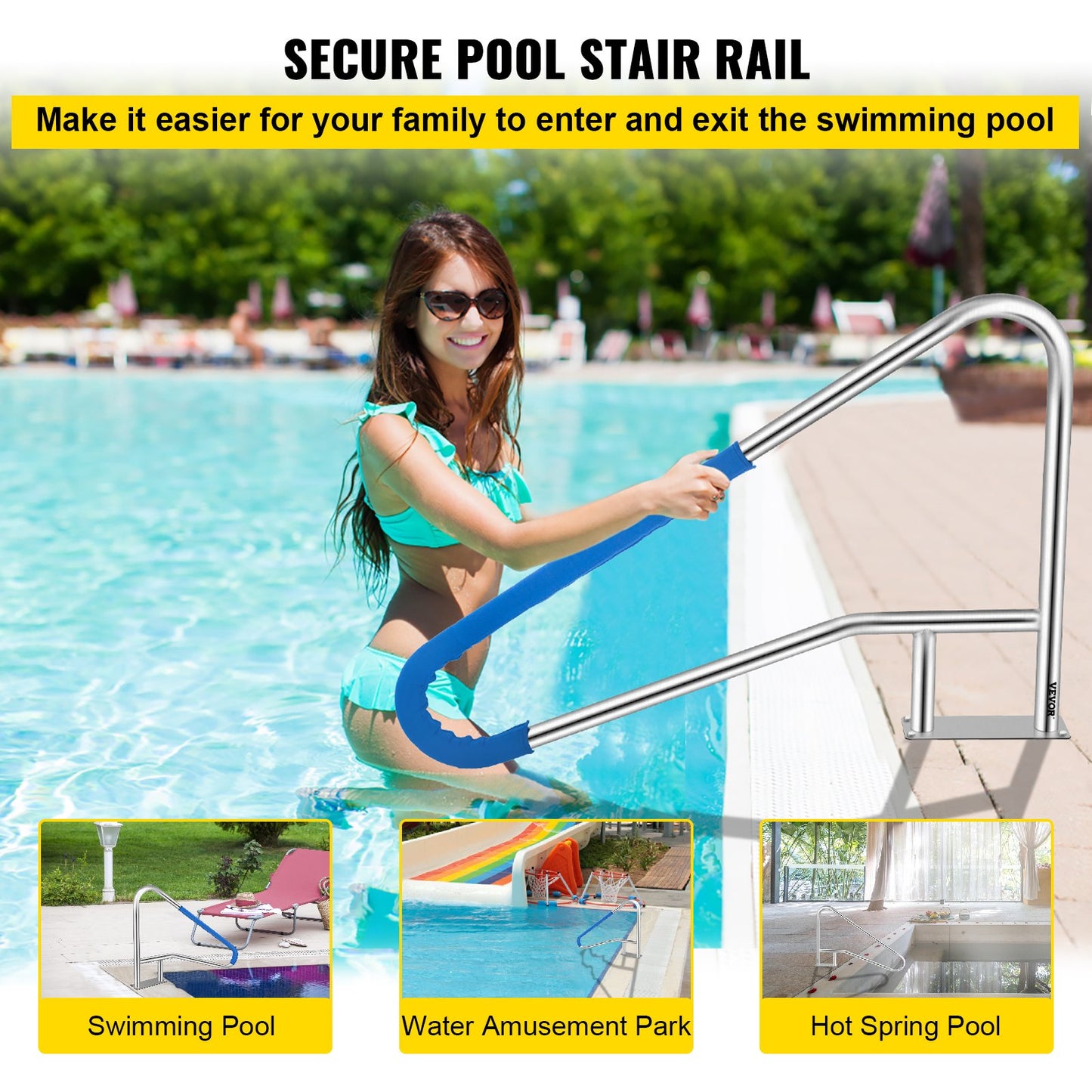 Pool Rail 55x32 Pool Railing 304 Stainless Steel 250LBS Load Capacity Silver Rustproof Pool Handrail V952-BXGYCFS4W55X32YC1V0