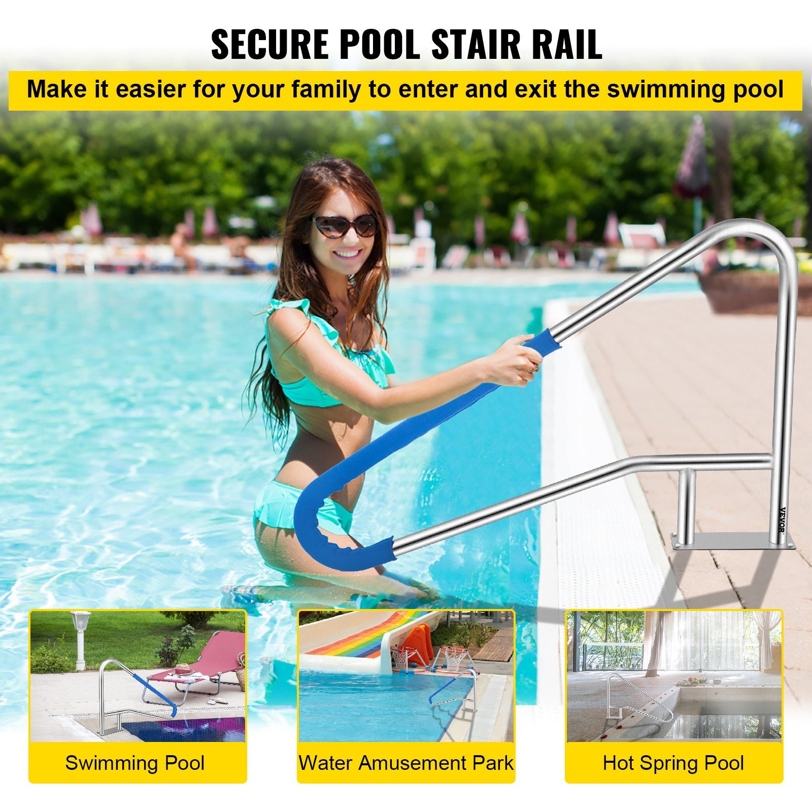 Pool Rail 55x32 Pool Railing 304 Stainless Steel 250LBS Load Capacity Silver Rustproof Pool Handrail V952-BXGYCFS4W55X32YC1V0