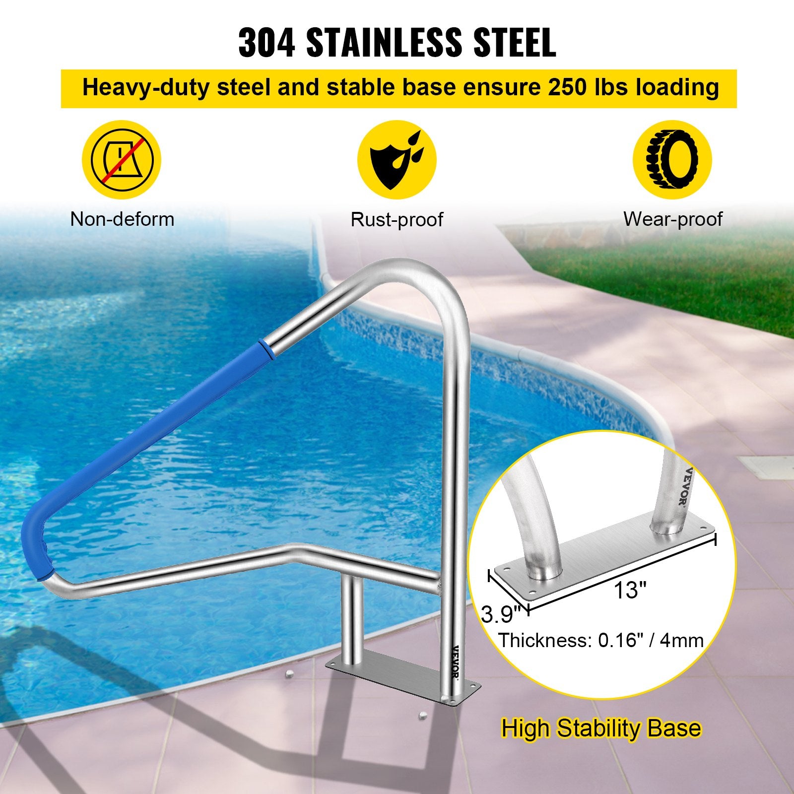 Pool Rail 55x32 Pool Railing 304 Stainless Steel 250LBS Load Capacity Silver Rustproof Pool Handrail V952-BXGYCFS4W55X32YC1V0