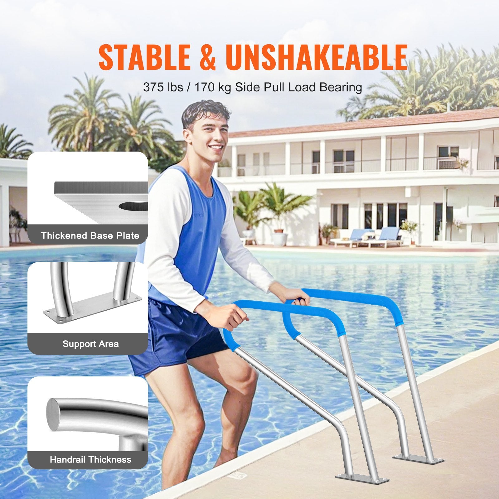 Pool Handrail 39 x 32 inch Stainless Steel with Base Plate for Spas V952-BXGYCFSDDB39WBGVHV0