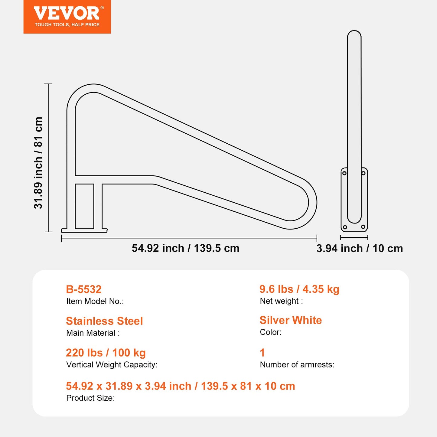 Pool Handrail 55 x 32 inch Stainless Steel with Base Plate for Spas V952-BXGYCFSDDB554Q8KLV0