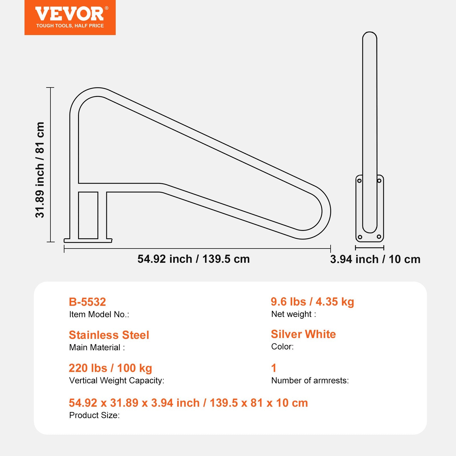 Pool Handrail 55 x 32 inch Stainless Steel with Base Plate for Spas V952-BXGYCFSDDB554Q8KLV0