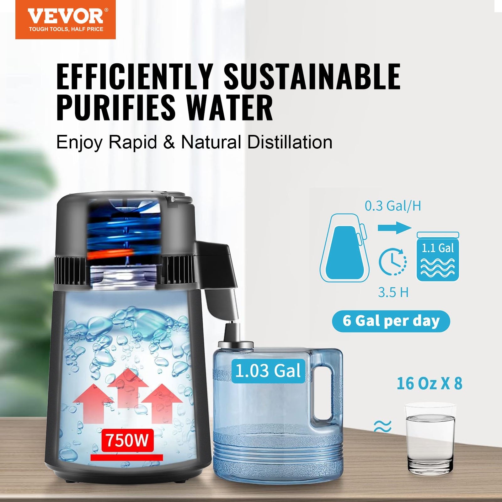Water Distiller, 4L 1.05 Gallon Pure Water Purifier Filter For Home Countertop, 750W Distilled Water Maker, V952-BXGZLSJXB4LDCQHM3V3