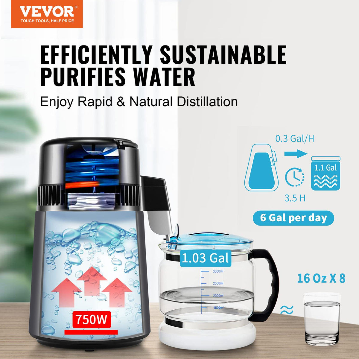 Water Distiller, 4L 1.05 Gallon Pure Water Purifier Filter For Home Countertop, 750W Distilled Water Maker, V952-BXGZLSJXB4LDXH9BQV3