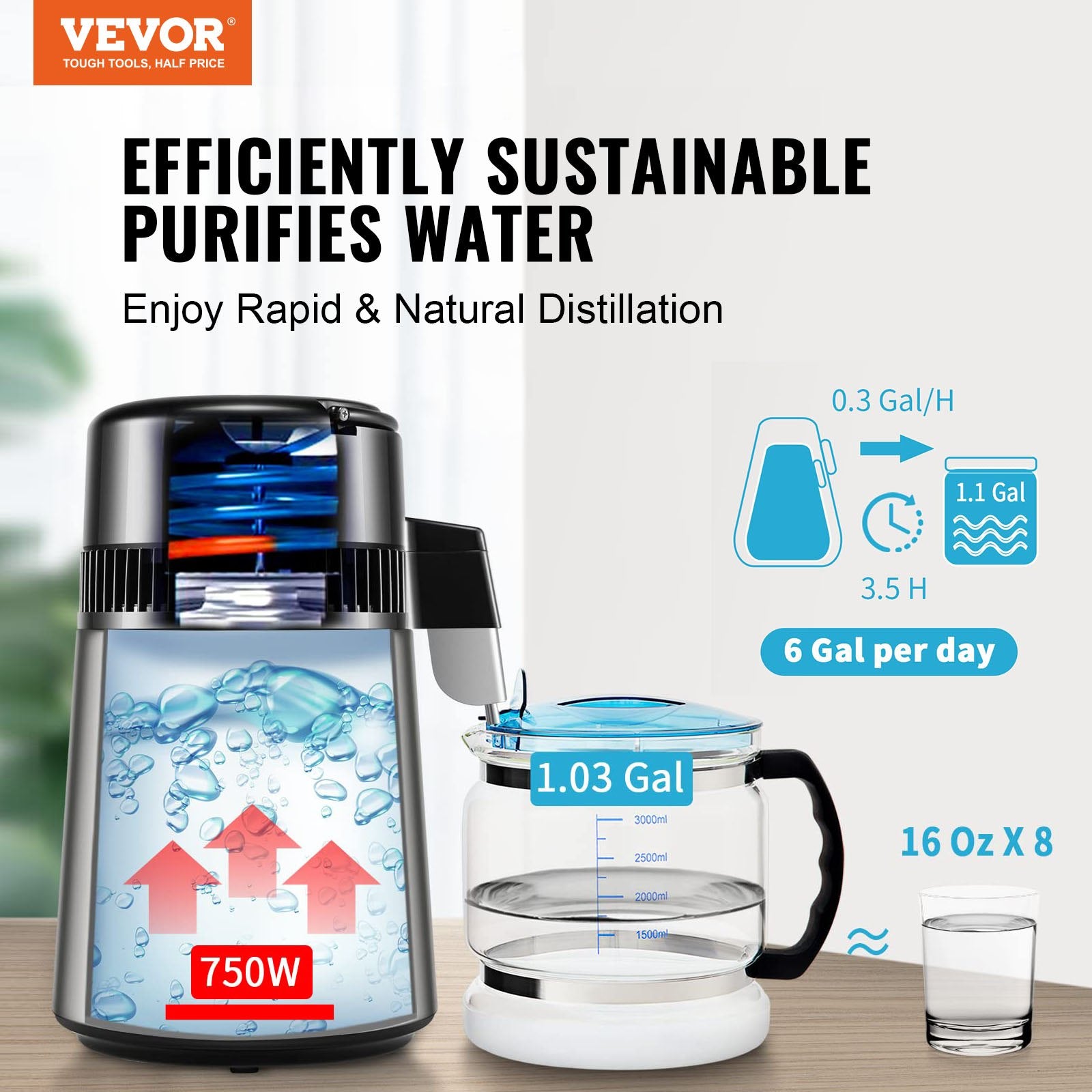 Water Distiller, 4L 1.05 Gallon Pure Water Purifier Filter For Home Countertop, 750W Distilled Water Maker, V952-BXGZLSJYS4LD2TK5LV3