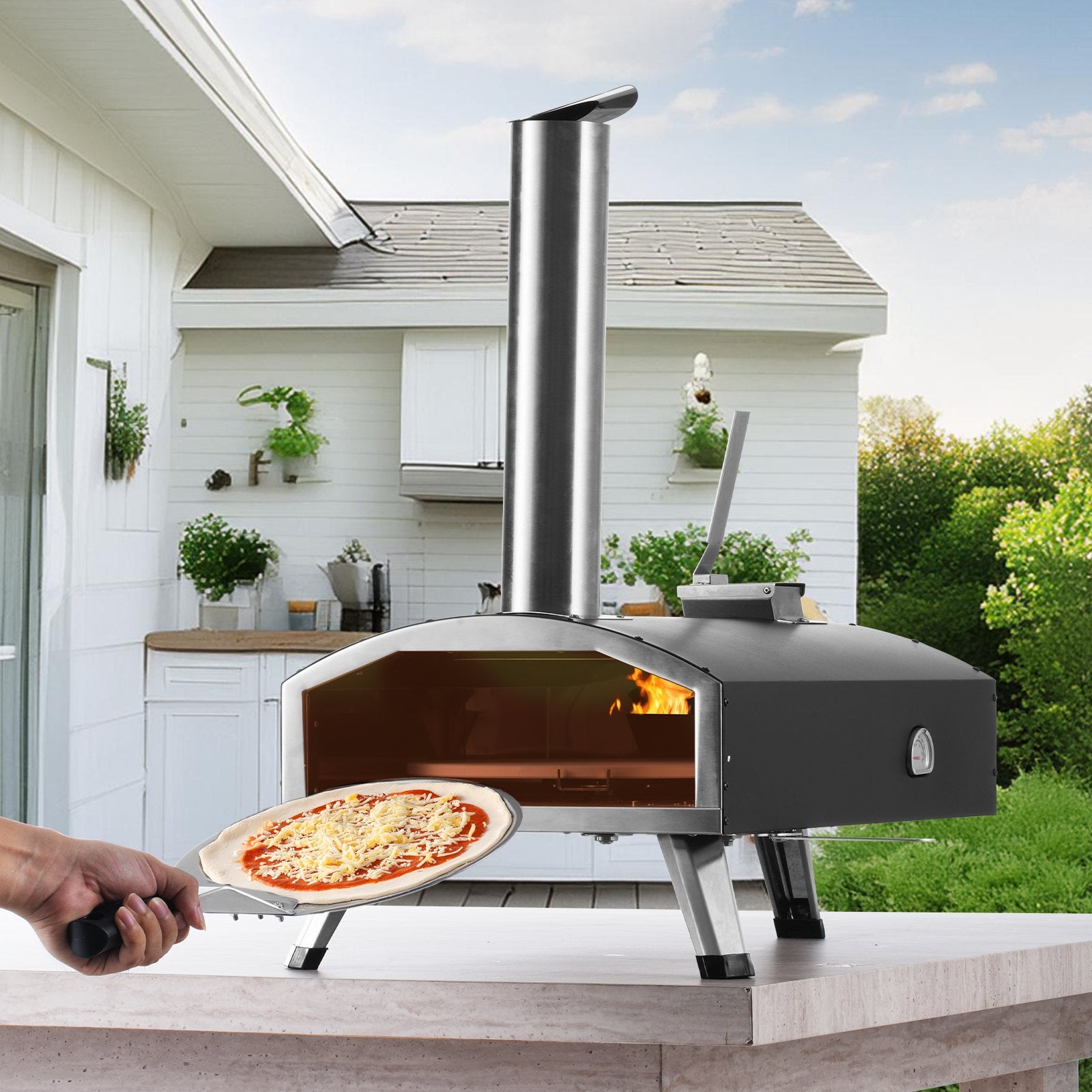 Outdoor Pizza Oven, 12" Wood Fired Pizza Ovens, Pellet Pizza Stove with Built-in Thermometer, with Thickened V952-BXPSL12YCKLPK77LXV0