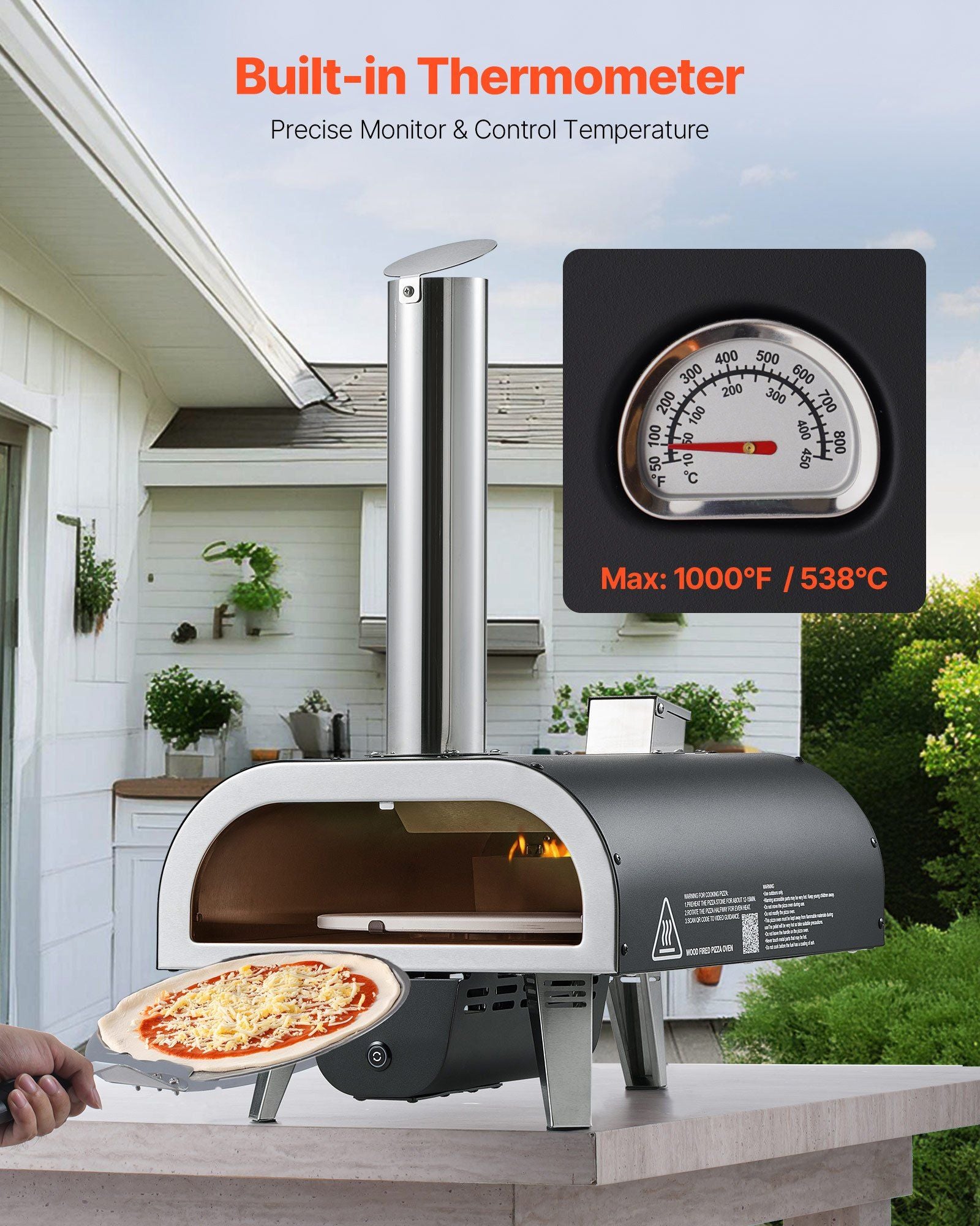 Outdoor Pizza Oven, 12 in Wood Fired Pizza Ovens, Pellet Pizza-Stove with Thermometer & Electric Rotation, V952-BXPSLDNZWDJPCLPZU001V9