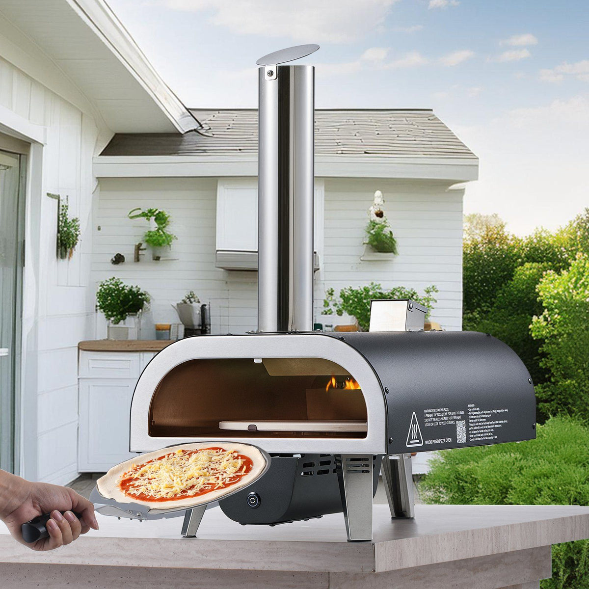 Outdoor Pizza Oven, 12 in Wood Fired Pizza Ovens, Pellet Pizza-Stove with Thermometer & Electric Rotation, V952-BXPSLDNZWDJPCLPZU001V9